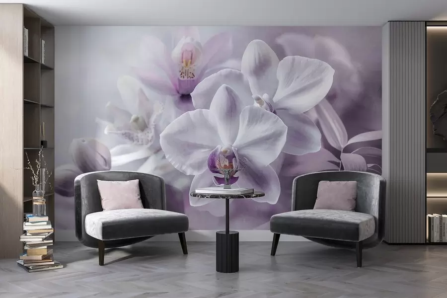 wall murals White and lilac delicate orchid flowers, soft lighting, and a blurred textured background  w09155