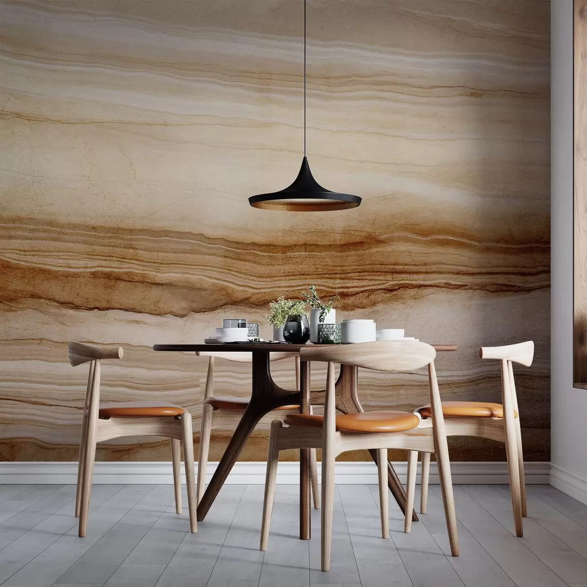 wall murals Wood texture imitation with horizontal lines, beige and dark brown , natural print, earthy soft tones w09156