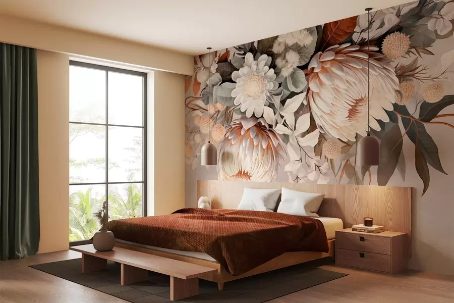 wall murals Large textured protea with brown accents, white daisies and yellow flowers, beige muted background w09157