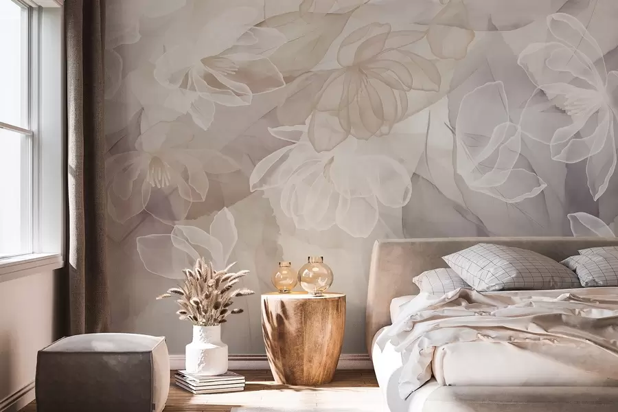 wall murals Flowers and leaves with transparent petals in shades of white, beige and purple, soft and delicate w09158
