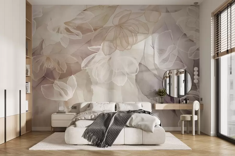wall murals Flowers and leaves with transparent petals in shades of white, beige and purple, soft and delicate w09158