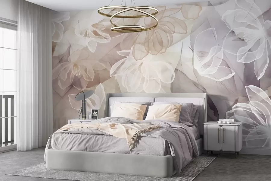 wall murals Flowers and leaves with transparent petals in shades of white, beige and purple, soft and delicate w09158