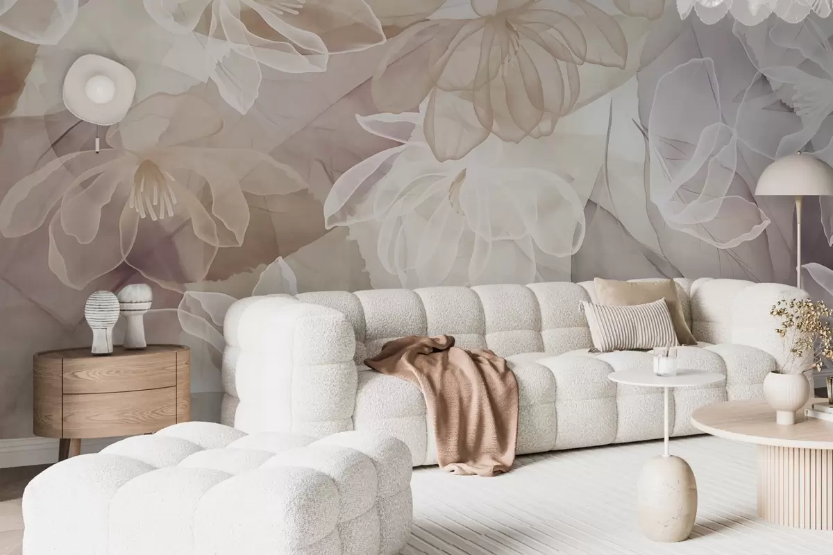 wall murals Flowers and leaves with transparent petals in shades of white, beige and purple, soft and delicate w09158