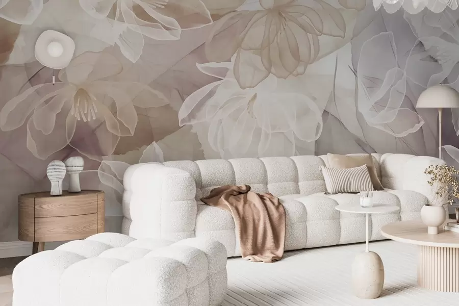 wall murals Flowers and leaves with transparent petals in shades of white, beige and purple, soft and delicate w09158
