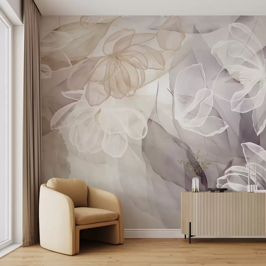 wall murals Flowers and leaves with transparent petals in shades of white, beige and purple, soft and delicate w09158