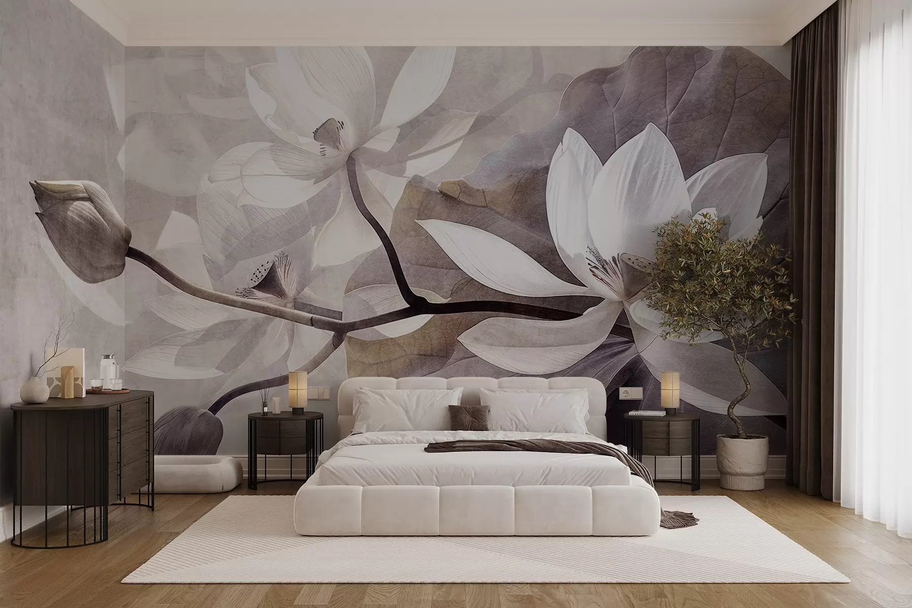 wall murals Grainy textured muted delicate lotus flowers with leaves and stems in a soft, beige color palette w09159