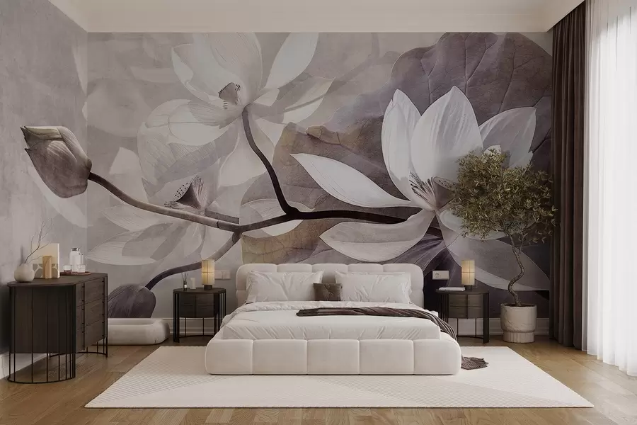 wall murals Grainy textured muted delicate lotus flowers with leaves and stems in a soft, beige color palette w09159