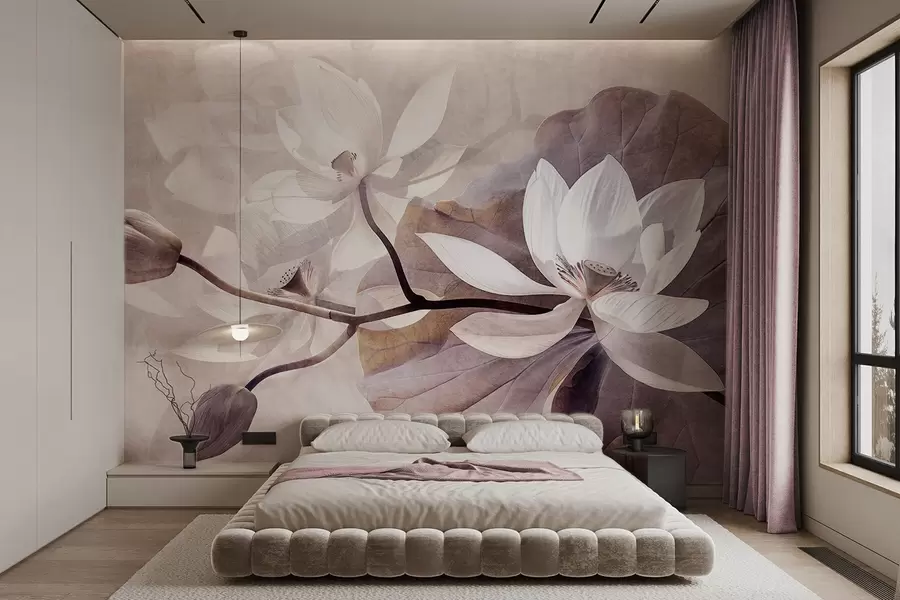 wall murals Grainy textured muted delicate lotus flowers with leaves and stems in a soft, beige color palette w09159