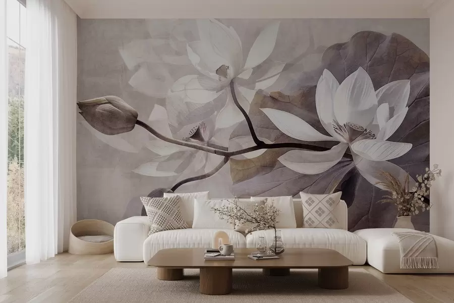 wall murals Grainy textured muted delicate lotus flowers with leaves and stems in a soft, beige color palette w09159