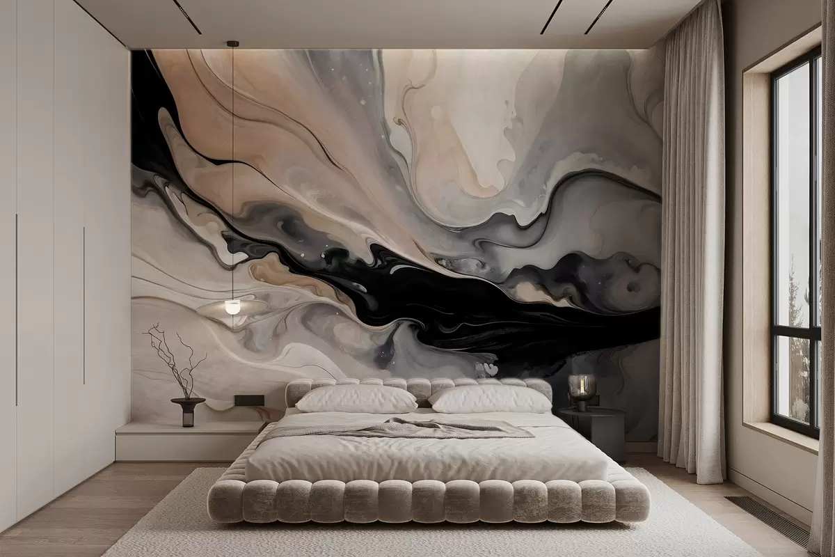 wall murals Abstract fluid textured painting in shades of black, white, gray, and beige marble imitation w09160