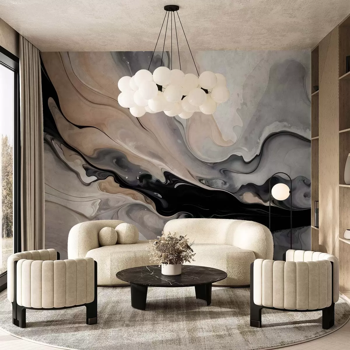 wall murals Abstract fluid textured painting in shades of black, white, gray, and beige marble imitation w09160