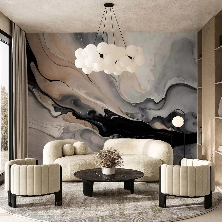 wall murals Abstract fluid textured painting in shades of black, white, gray, and beige marble imitation w09160