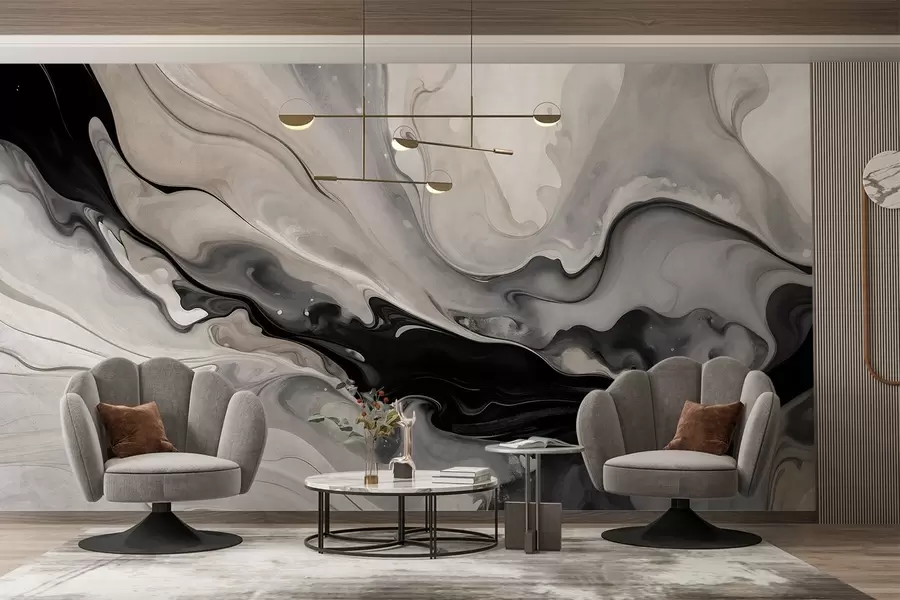 wall murals Abstract fluid textured painting in shades of black, white, gray, and beige marble imitation w09160