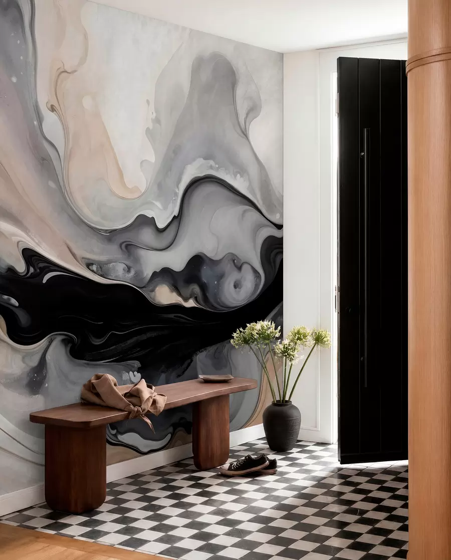 wall murals Abstract fluid textured painting in shades of black, white, gray, and beige marble imitation w09160