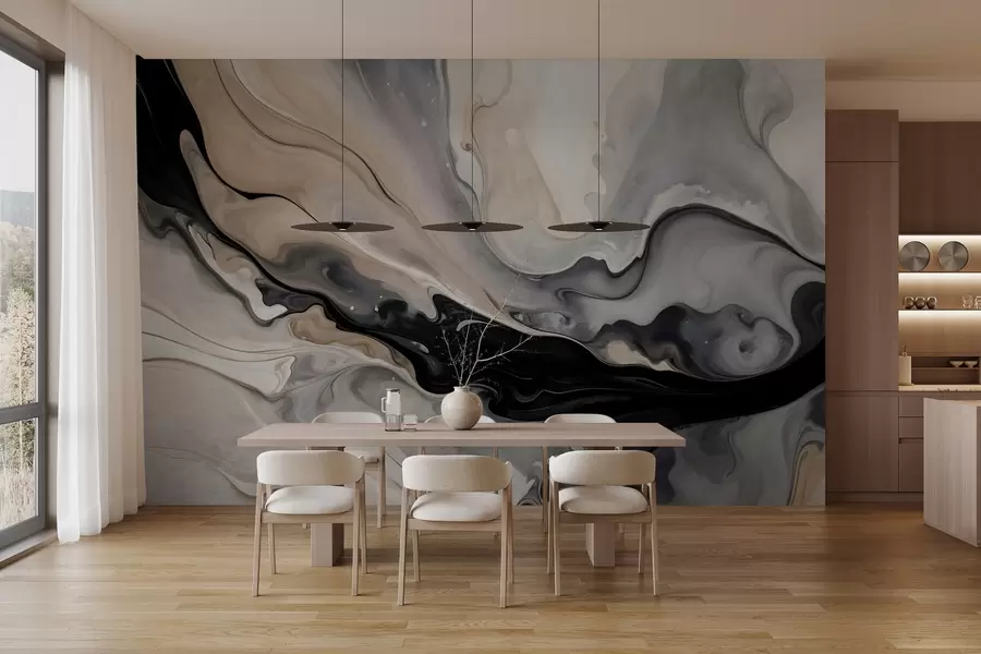 wall murals Abstract fluid textured painting in shades of black, white, gray, and beige marble imitation w09160