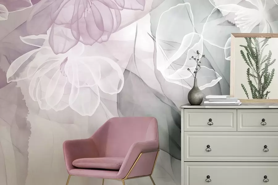 wall murals Flowers and leaves with transparent petals in shades of white, pink and green, soft and delicate w09158v1