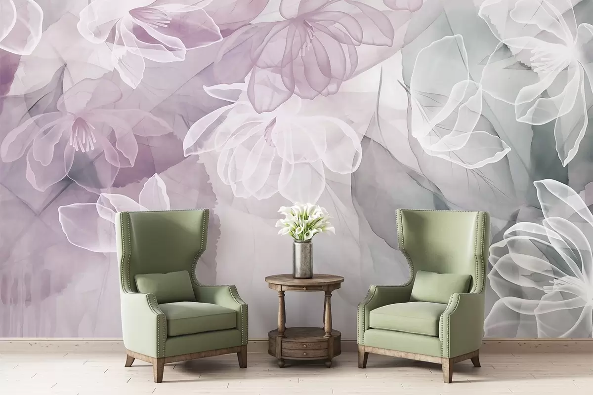 wall murals Flowers and leaves with transparent petals in shades of white, pink and green, soft and delicate w09158v1