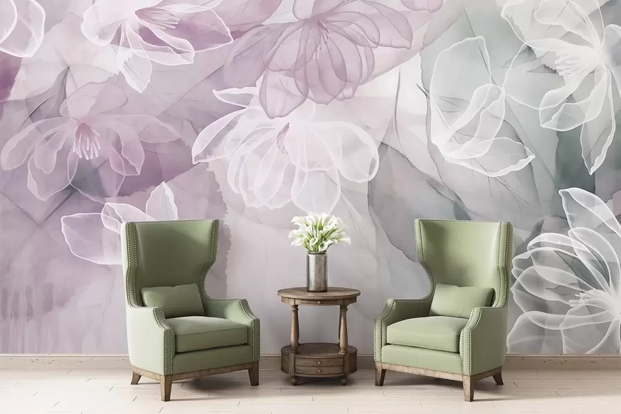 wall murals Flowers and leaves with transparent petals in shades of white, pink and green, soft and delicate w09158v1