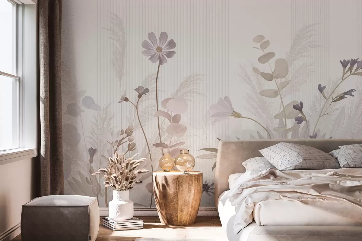 wall murals Flowers in pastel colors, light brown leaves, white background with vertical lines, elegant and minimalist  w09161