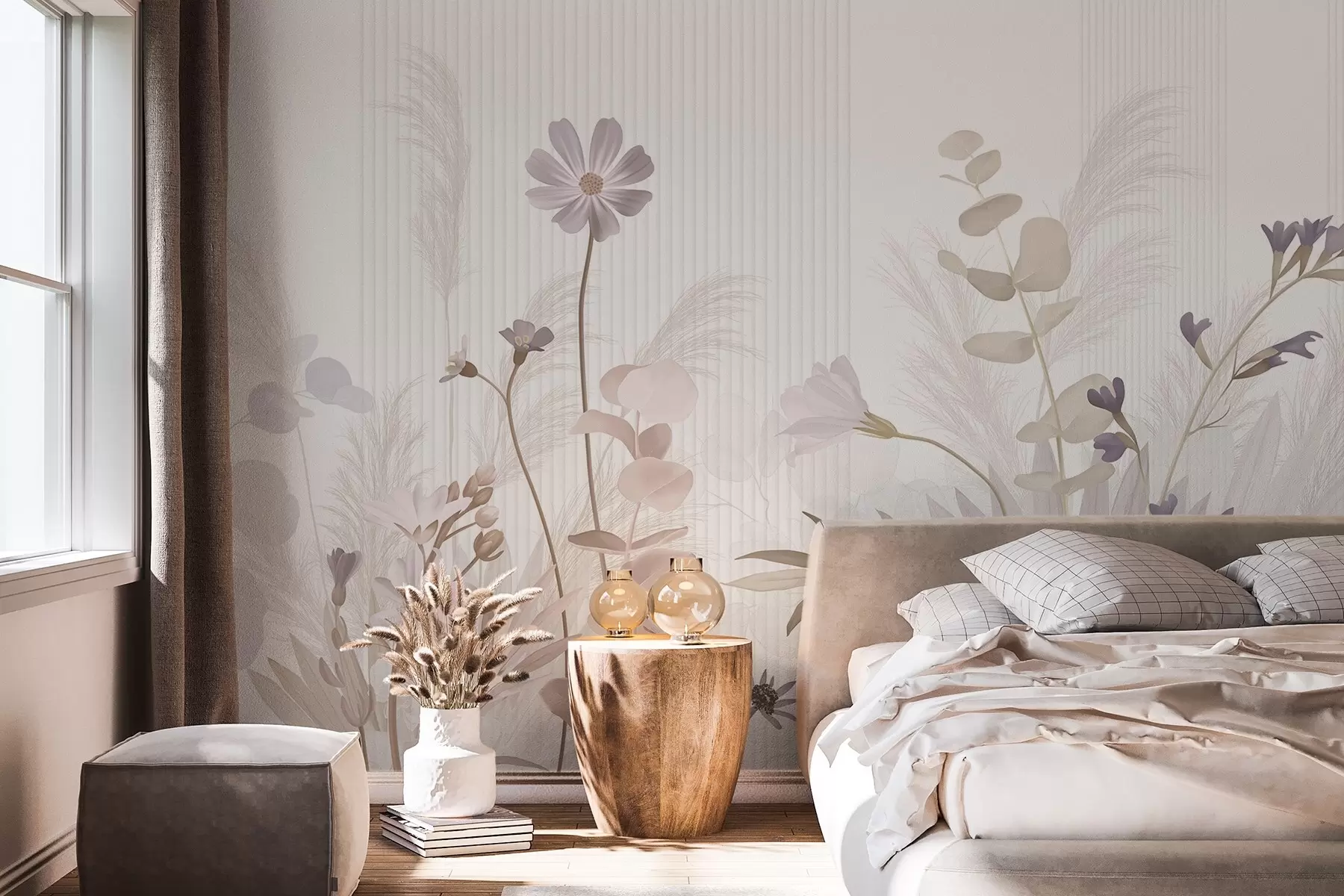 wall murals Flowers in pastel colors, light brown leaves, white background with vertical lines, elegant and minimalist  w09161