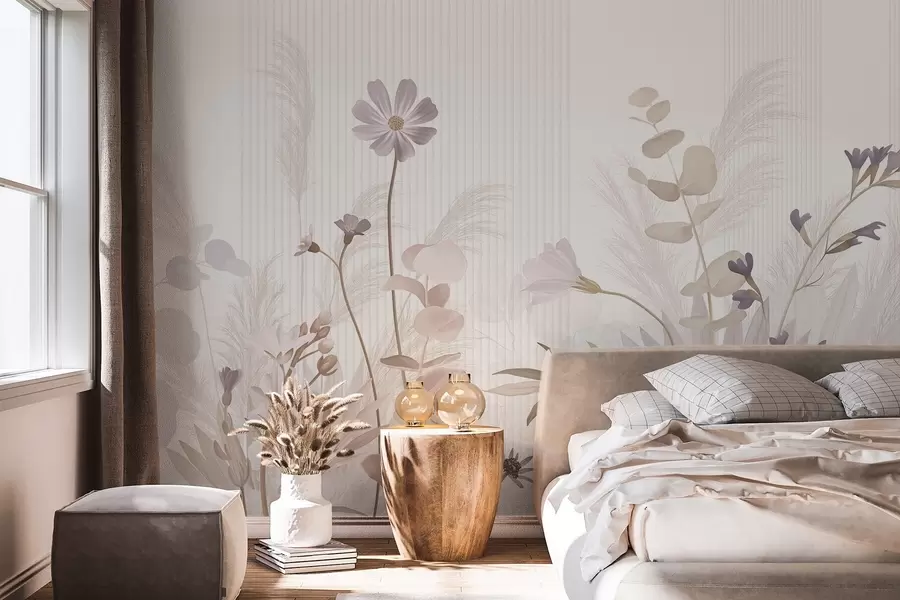 wall murals Flowers in pastel colors, light brown leaves, white background with vertical lines, elegant and minimalist  w09161