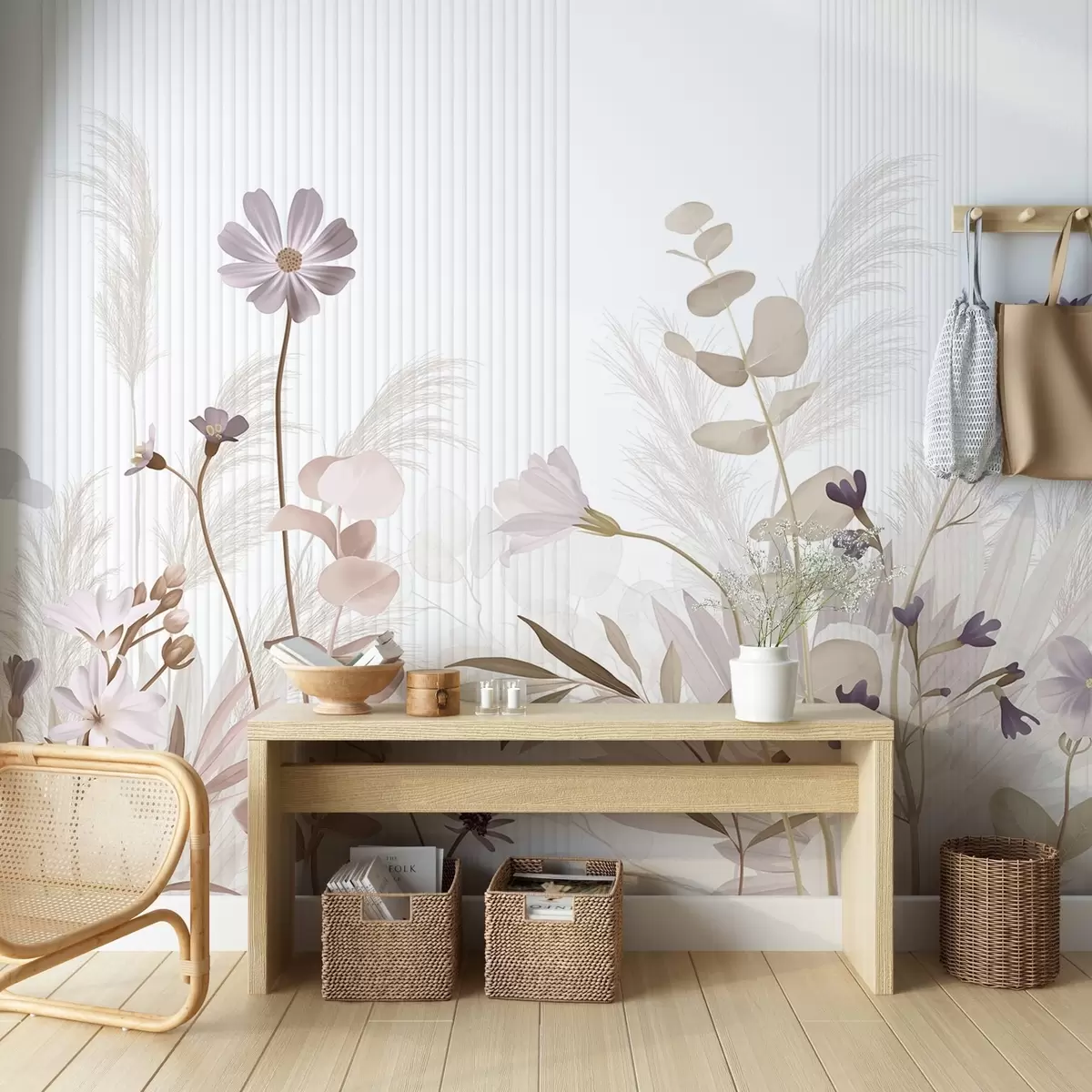 wall murals Flowers in pastel colors, light brown leaves, white background with vertical lines, elegant and minimalist  w09161