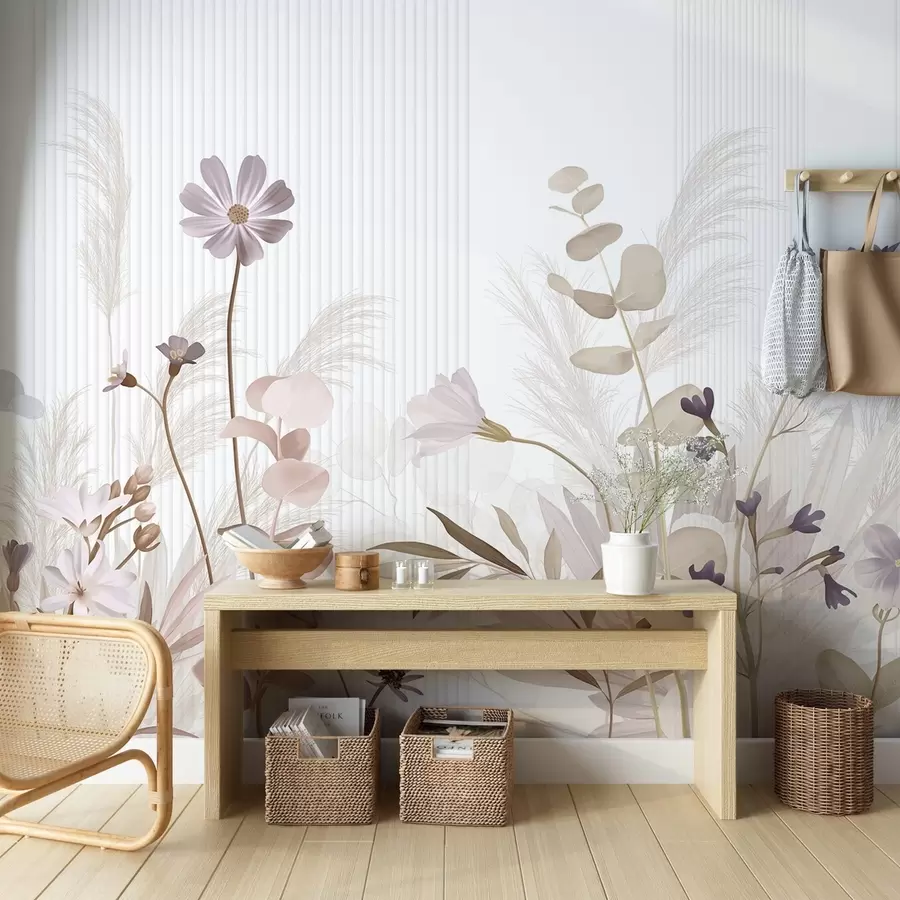 wall murals Flowers in pastel colors, light brown leaves, white background with vertical lines, elegant and minimalist  w09161