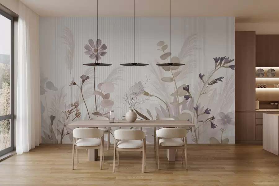wall murals Flowers in pastel colors, light brown leaves, white background with vertical lines, elegant and minimalist  w09161