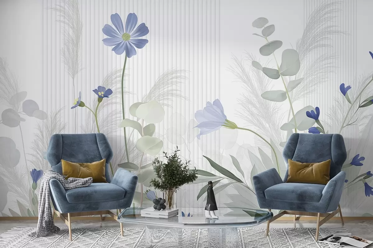 wall murals Flowers in pastel colors, light green leaves, white background with vertical lines, elegant and minimalist  w09161v1