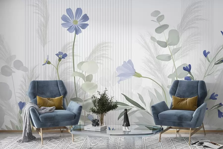 wall murals Flowers in pastel colors, light green leaves, white background with vertical lines, elegant and minimalist  w09161v1