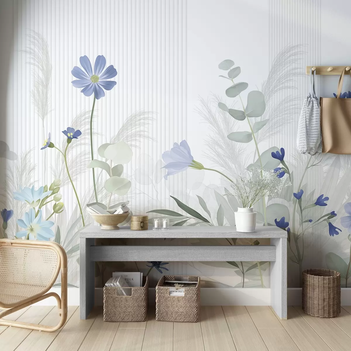 wall murals Flowers in pastel colors, light green leaves, white background with vertical lines, elegant and minimalist  w09161v1