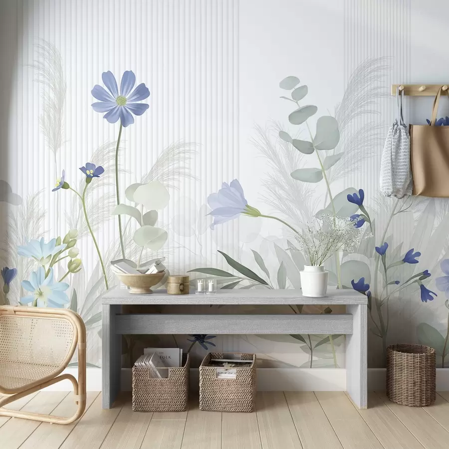 wall murals Flowers in pastel colors, light green leaves, white background with vertical lines, elegant and minimalist  w09161v1