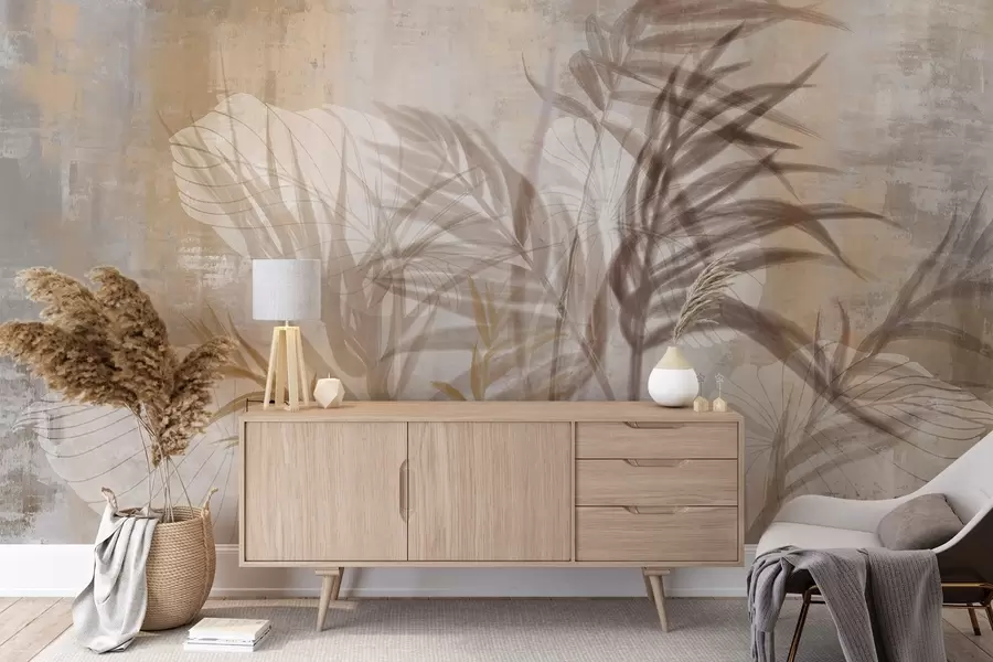 wall murals Beige and brown botanical illustration of pampas grass, soft textures, and a minimalist composition w09162