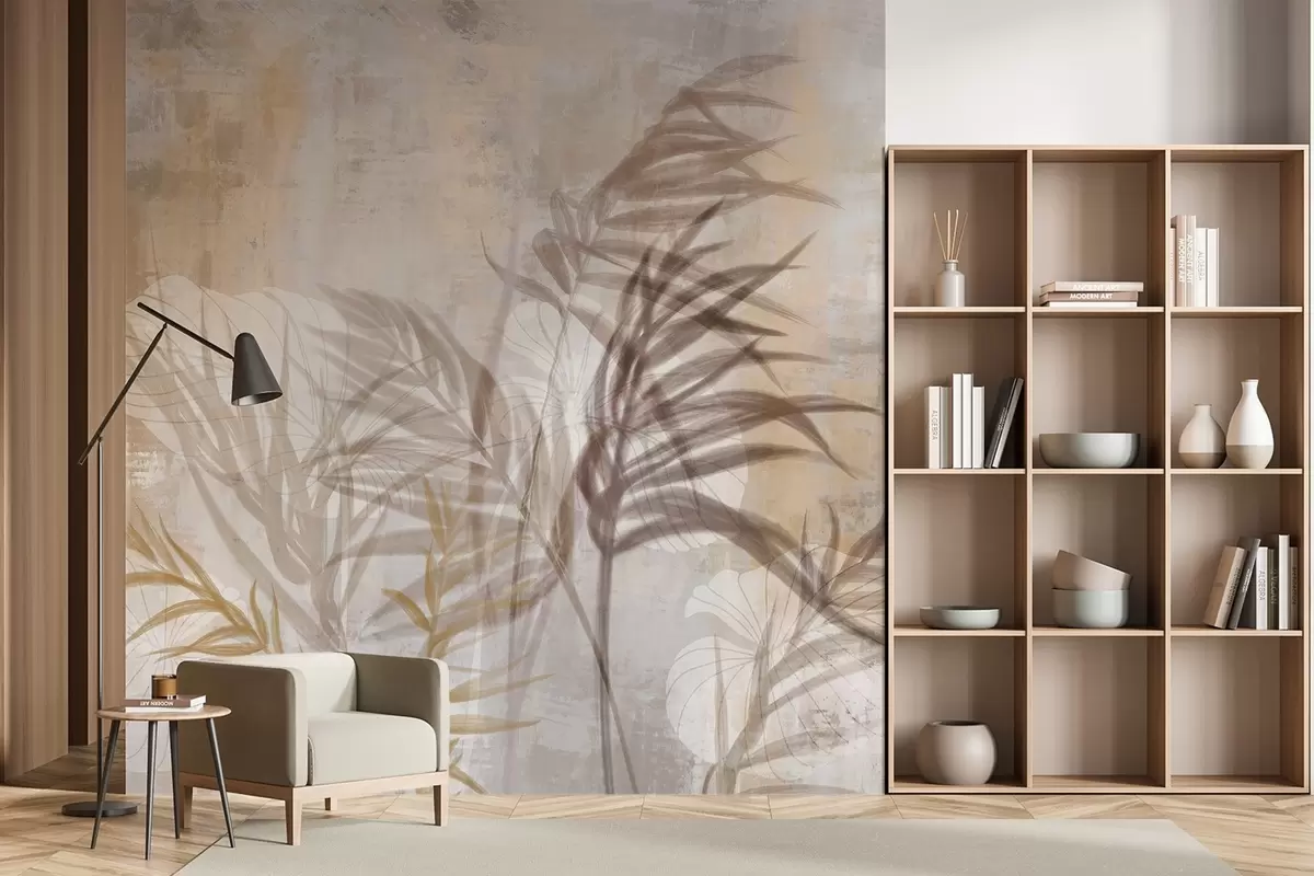 wall murals Beige and brown botanical illustration of pampas grass, soft textures, and a minimalist composition w09162