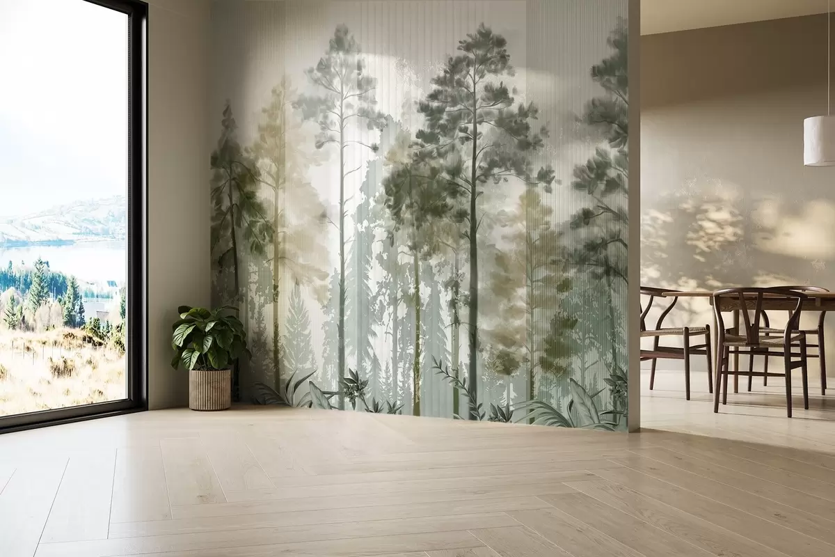 wall murals A dense forest with tall pine trees, lush green foliage, a misty atmosphere with vertical lines textures w09163