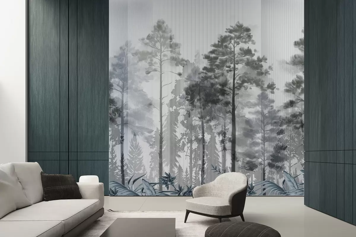 wall murals A dense forest with tall pine trees, lush gray foliage, a misty atmosphere with vertical lines textures w09163v2
