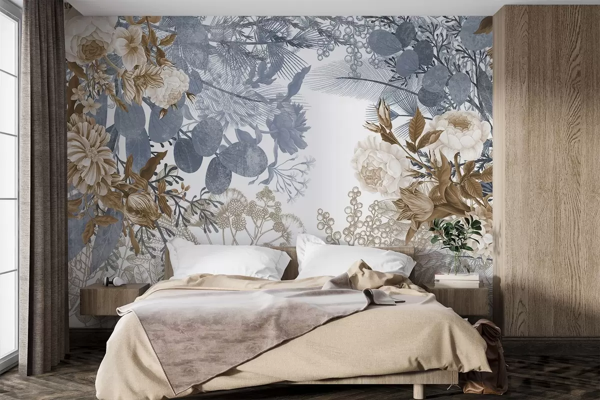 wall murals Vintage floral arrangement with roses, eucalyptus, and mimosa in shades of blue and brown  w09164