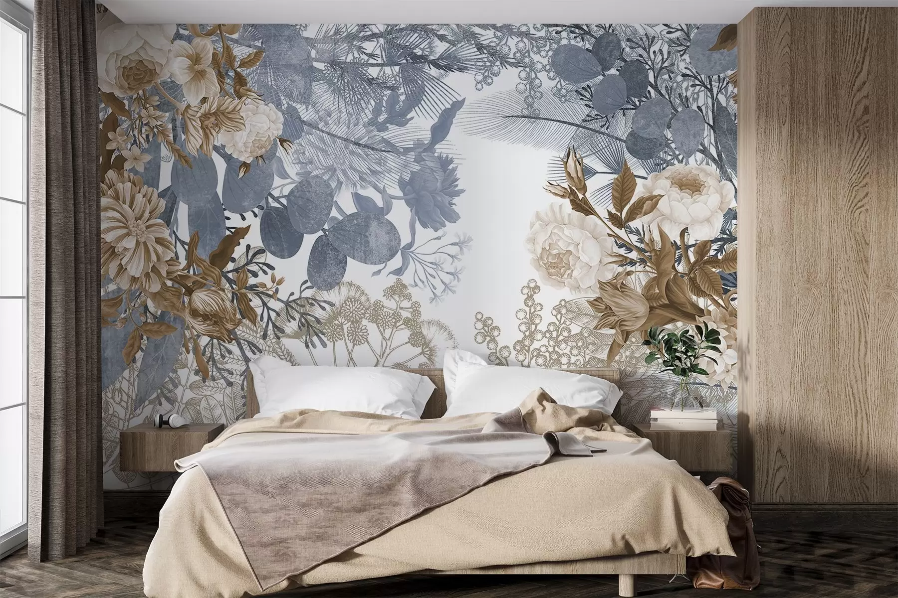 wall murals Vintage floral arrangement with roses, eucalyptus, and mimosa in shades of blue and brown  w09164