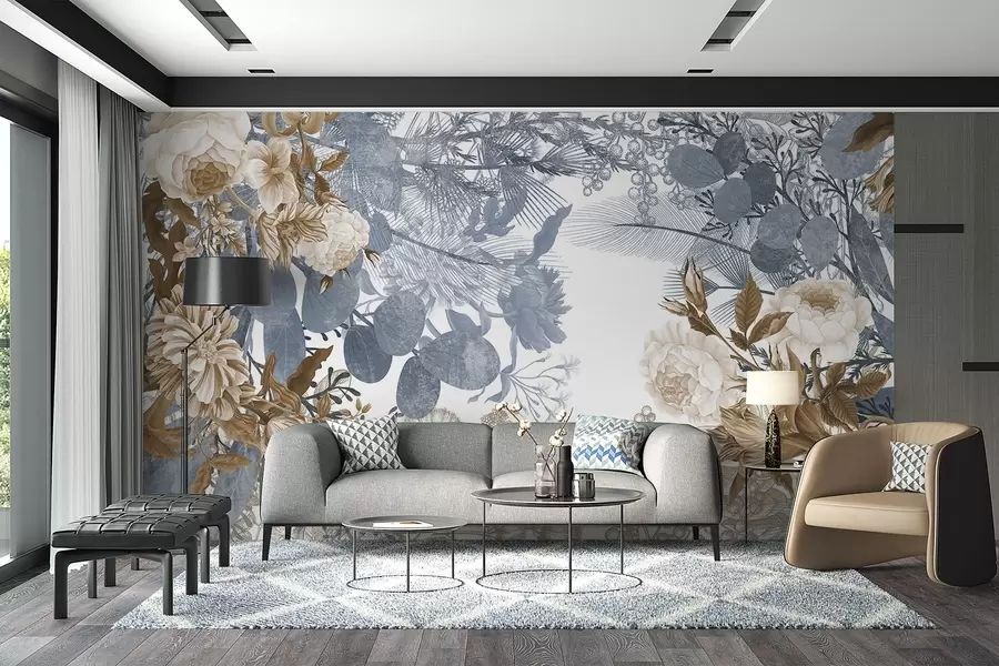 wall murals Vintage floral arrangement with roses, eucalyptus, and mimosa in shades of blue and brown  w09164