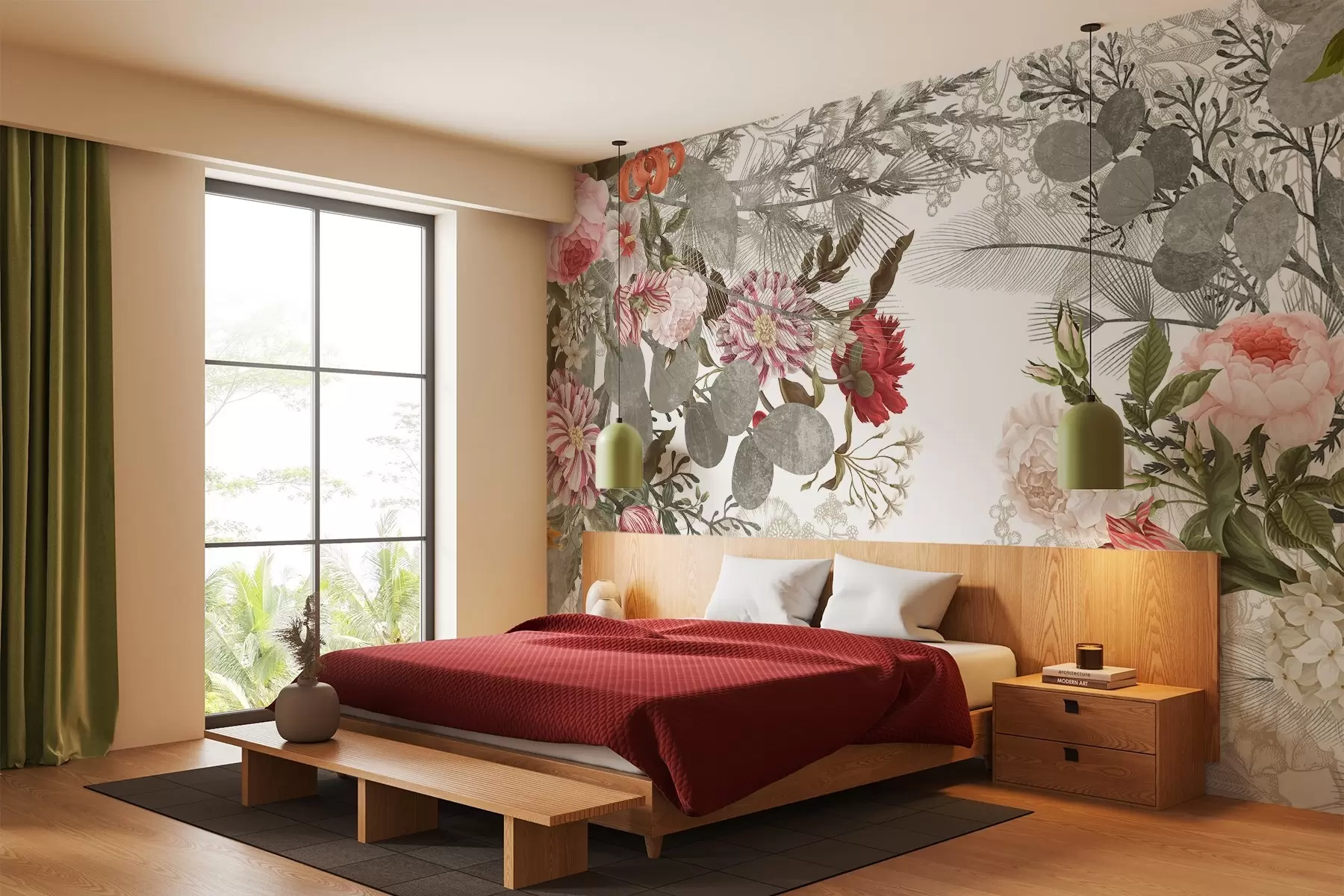 wall murals Vintage floral arrangement with roses, eucalyptus, and mimosa in shades of muted green, red and pink w09164v1