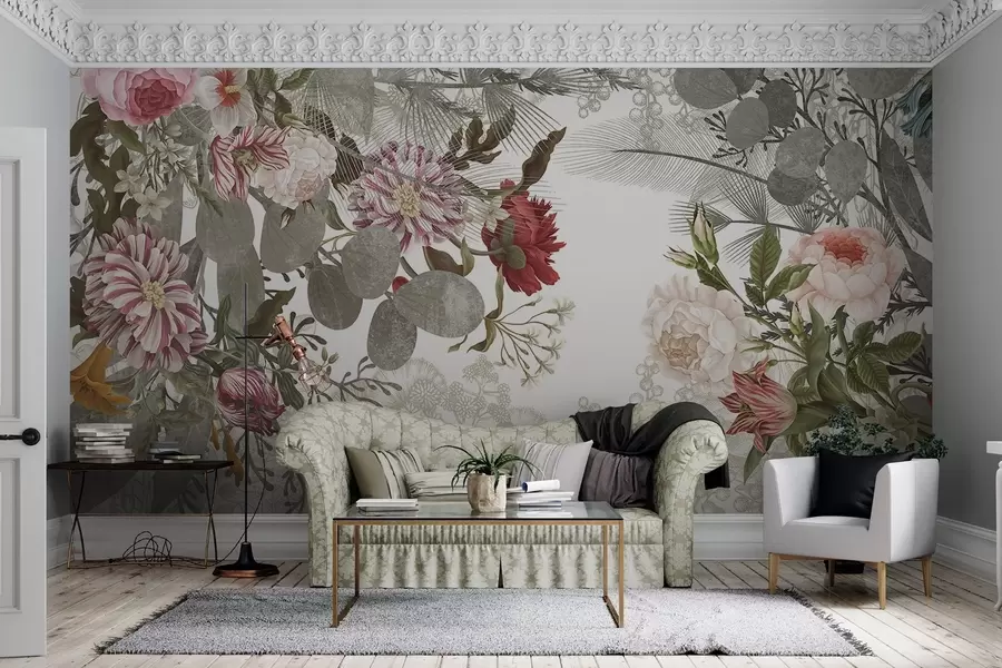 wall murals Vintage floral arrangement with roses, eucalyptus, and mimosa in shades of muted green, red and pink w09164v1