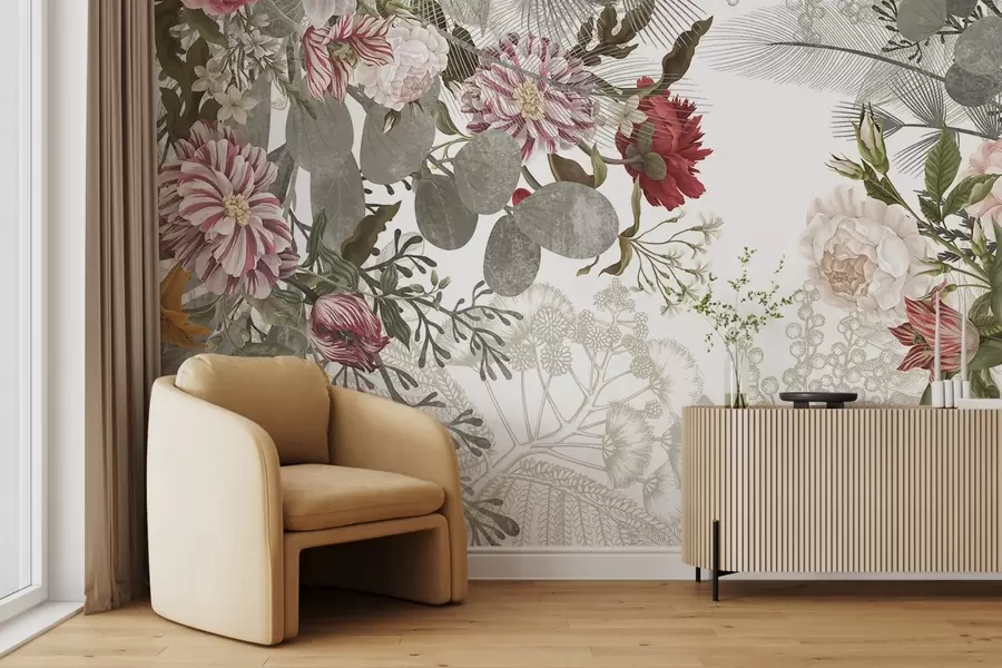 wall murals Vintage floral arrangement with roses, eucalyptus, and mimosa in shades of muted green, red and pink w09164v1