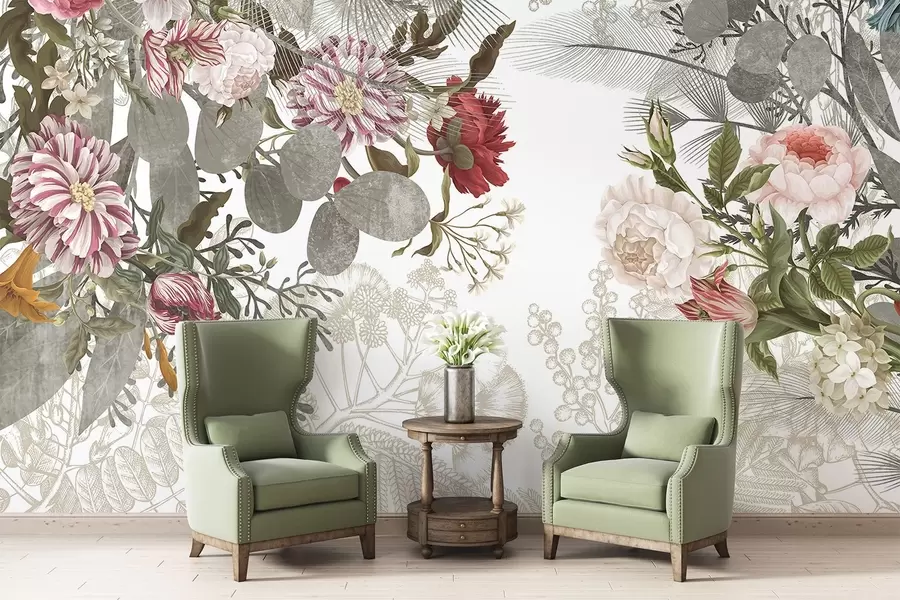 wall murals Vintage floral arrangement with roses, eucalyptus, and mimosa in shades of muted green, red and pink w09164v1