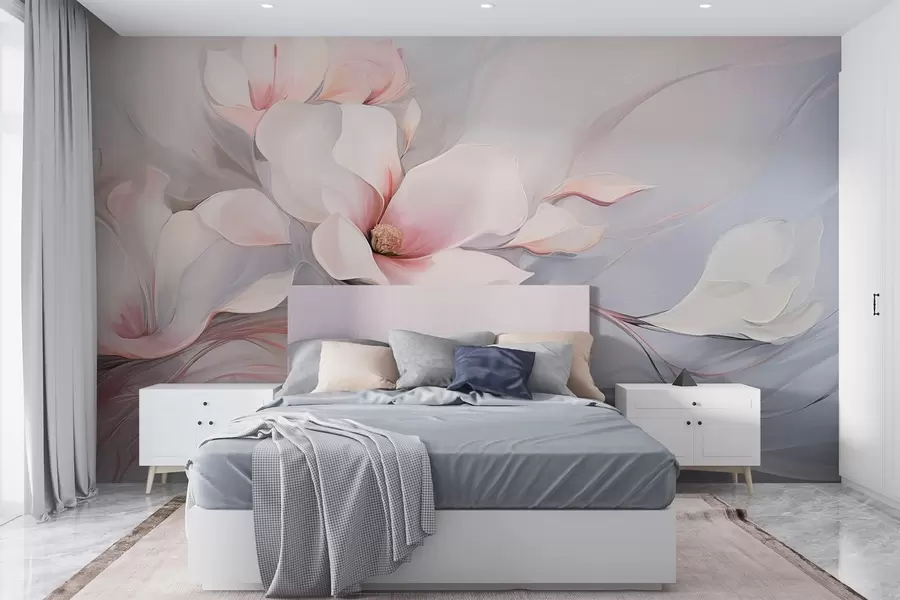 wall murals Delicate magnolia flowers with pink petals and white leaves, a smooth texture, flowing lines w09165