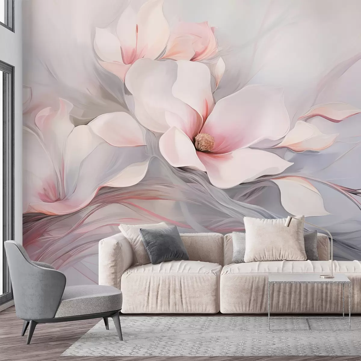wall murals Delicate magnolia flowers with pink petals and white leaves, a smooth texture, flowing lines w09165