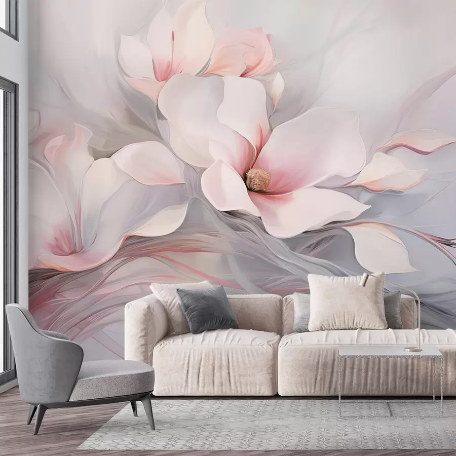 wall murals Delicate magnolia flowers with pink petals and white leaves, a smooth texture, flowing lines w09165