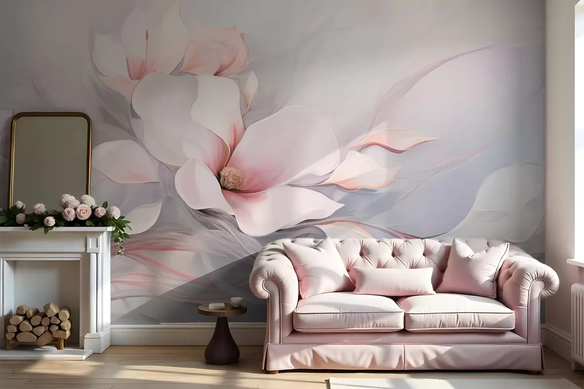 wall murals Delicate magnolia flowers with pink petals and white leaves, a smooth texture, flowing lines w09165