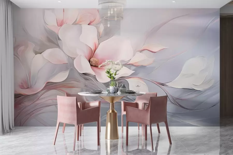 wall murals Delicate magnolia flowers with pink petals and white leaves, a smooth texture, flowing lines w09165
