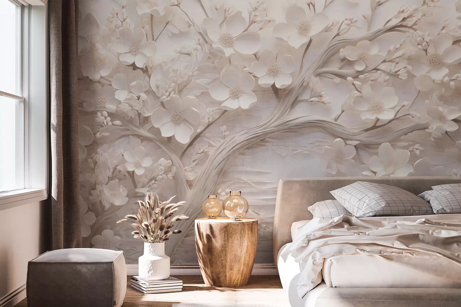 wall murals Textured tree with white flowers and a brown trunk, the background is white with horizontal lines soft lighting w09166