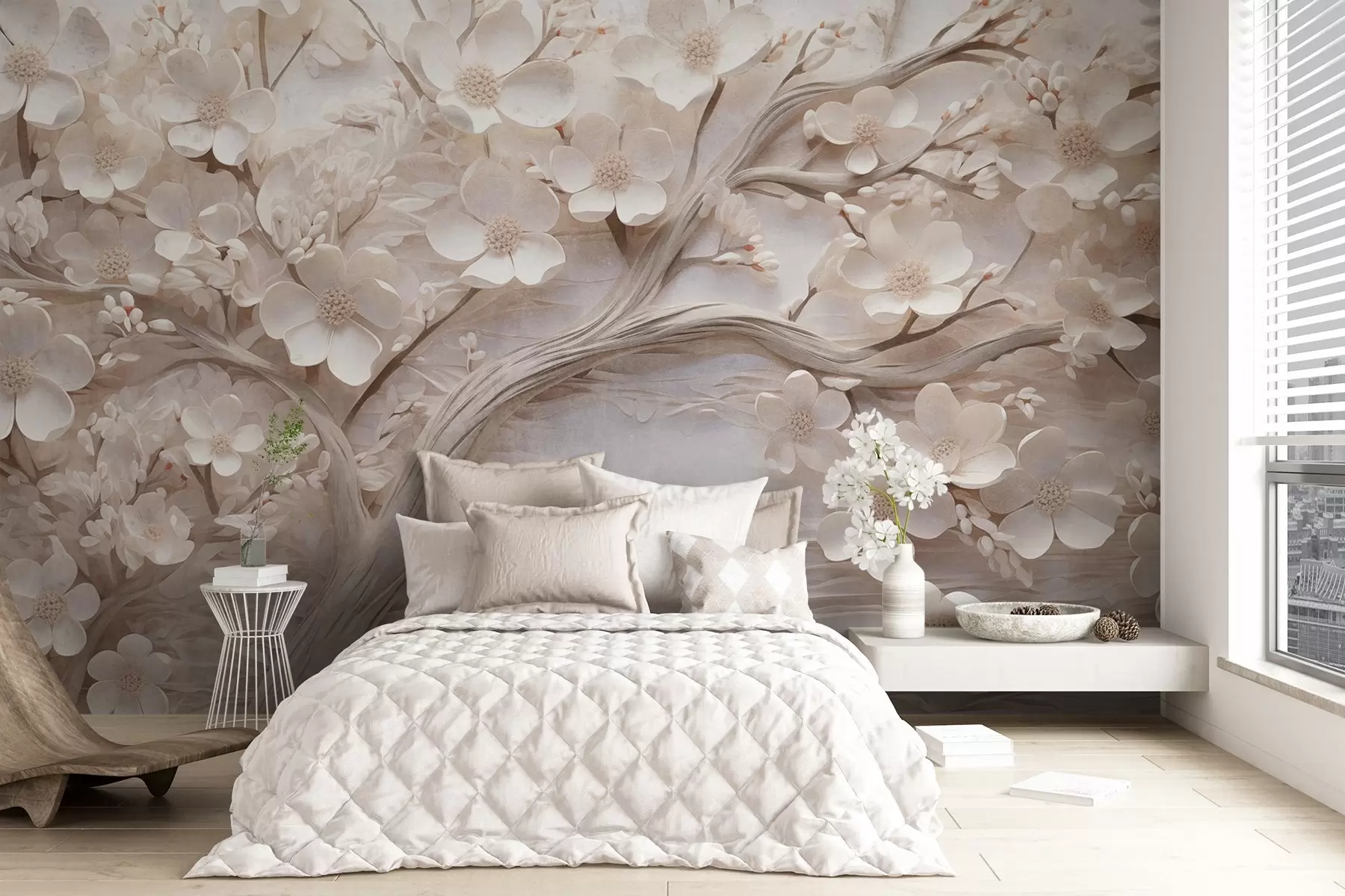 wall murals Textured tree with white flowers and a brown trunk, the background is white with horizontal lines soft lighting w09166